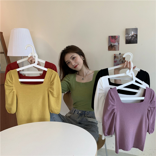 Real photo, real price, retro, thin square collar, open collar, short sleeve knitted shirt with collarbone