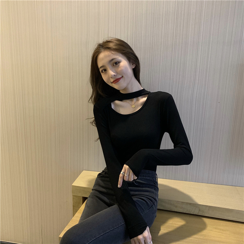 Real shot real price hollow out show thin heart machine exposed collarbone half high neck hanging neck sweater autumn and winter new solid color bottoming shirt