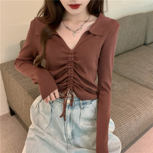 Real price autumn solid color drawstring Lapel short T-shirt slim slim long sleeve bottomed shirt women's top