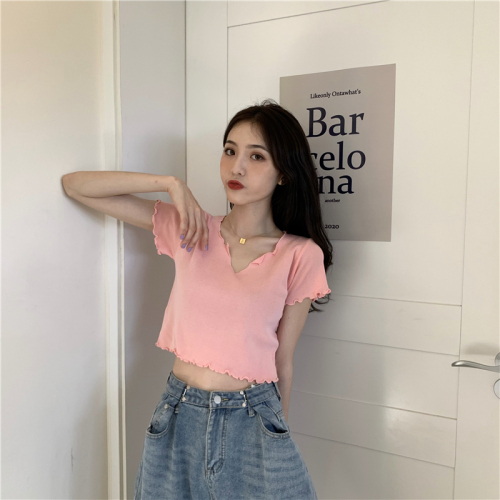 Real photo real price summer short top design sense V-neck short sleeve T-shirt short sleeve T-shirt with ear