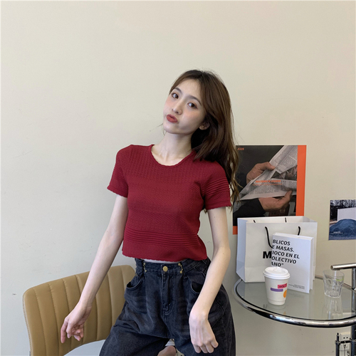 Real photo real price summer versatile design sense small short open navel short sleeve knitted T-shirt