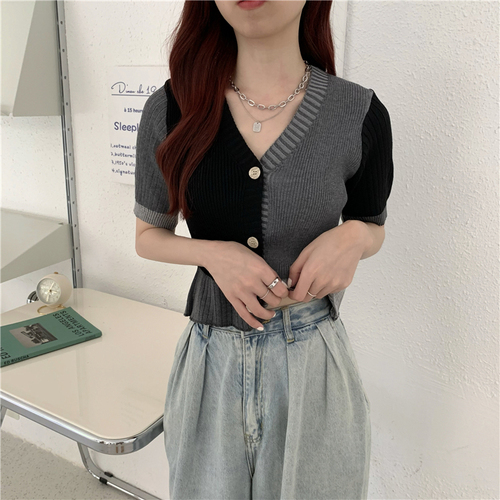 Real price summer new slim stitching color contrast cardigan V-neck top