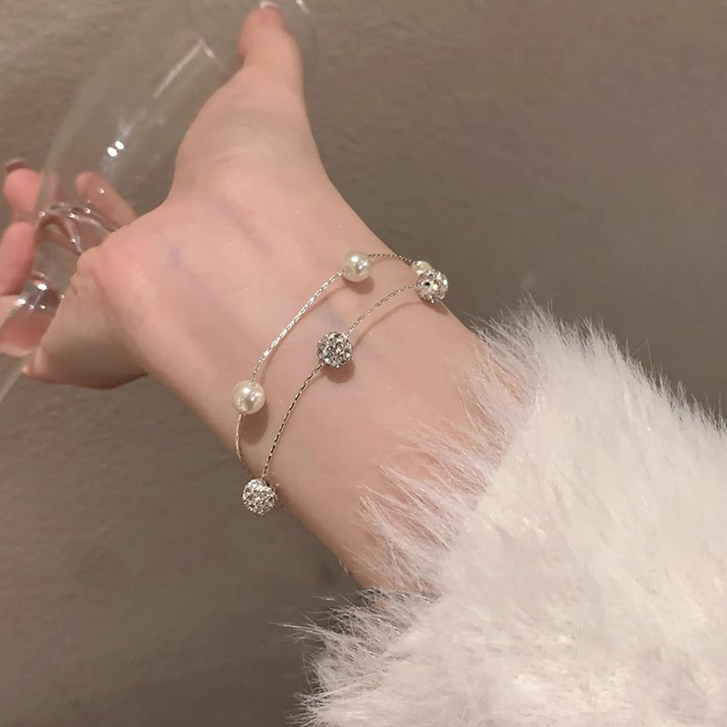 夏季细手链银色双层叠戴珍珠手链女轻奢小众精致高级感闺蜜手饰潮