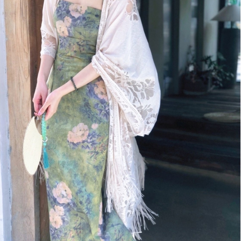 旗袍防晒披肩国风流苏防晒衣女夏配裙子外搭小披肩薄开衫外套罩衫
