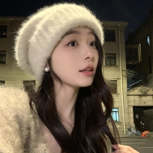 冬天女帽子时尚洋气百搭显脸小兔毛保暖毛线白色毛绒针织护耳冷帽