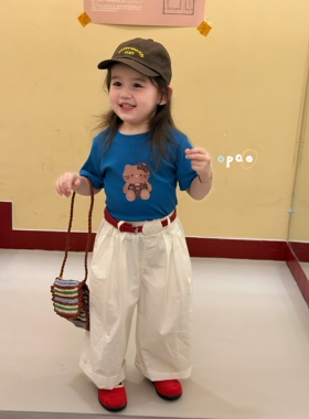opao～26春装新款女童卡通短袖印花T恤2050白色休闲裤7030