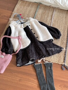 承麦～25冬装新款女童碎花加绒连衣裙毛毛马甲两件套森系套装8338