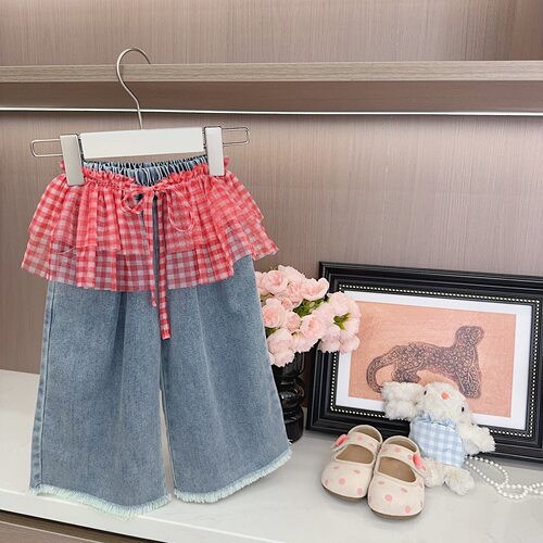 苏萝·26夏季新款女童格子花边牛仔裤女宝宝薄款休闲裤百搭8167