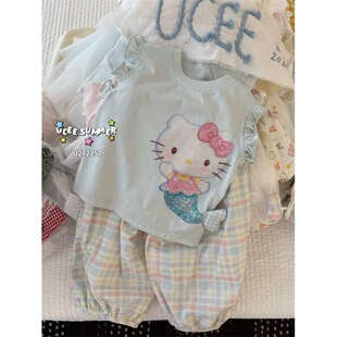 釉兮·26夏季新款女童kitty猫美人鱼T恤格子裤两件套272251