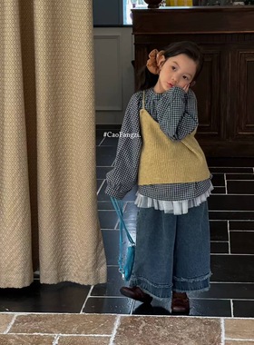 草房子～25秋装新款女童格子衬衫马甲两件套25317牛仔阔腿裤25322