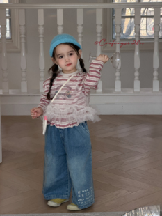 草房子·26春装新款女童条纹网纱背心真两件套T恤26030