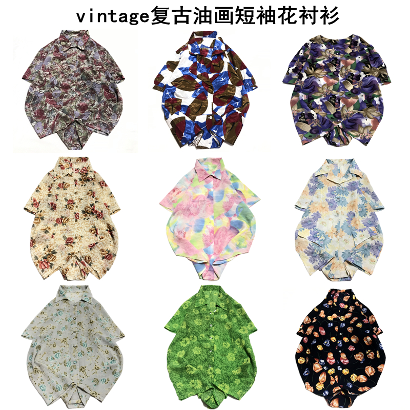 vintage古着雪纺油画短袖宽松