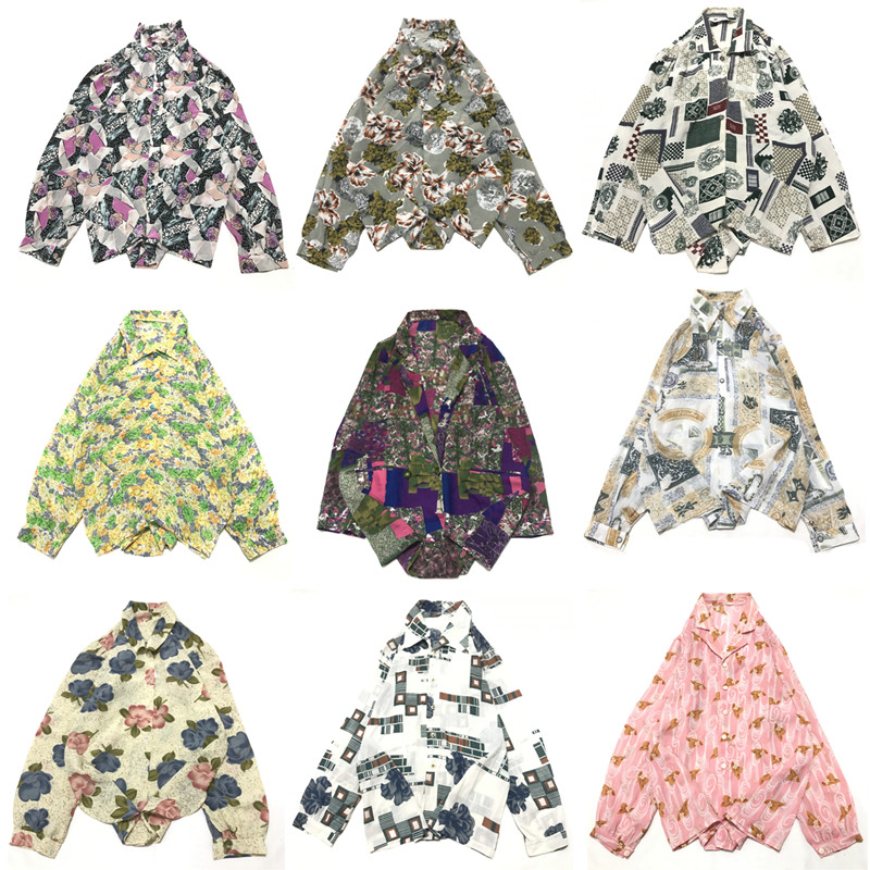 vintage古着复古夏威夷雪纺碎花文艺小清新印花百搭长袖衬衫女G27