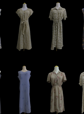 vintage古着夏季法式复古文艺学院雪纺碎花收腰中长款连衣裙Q141