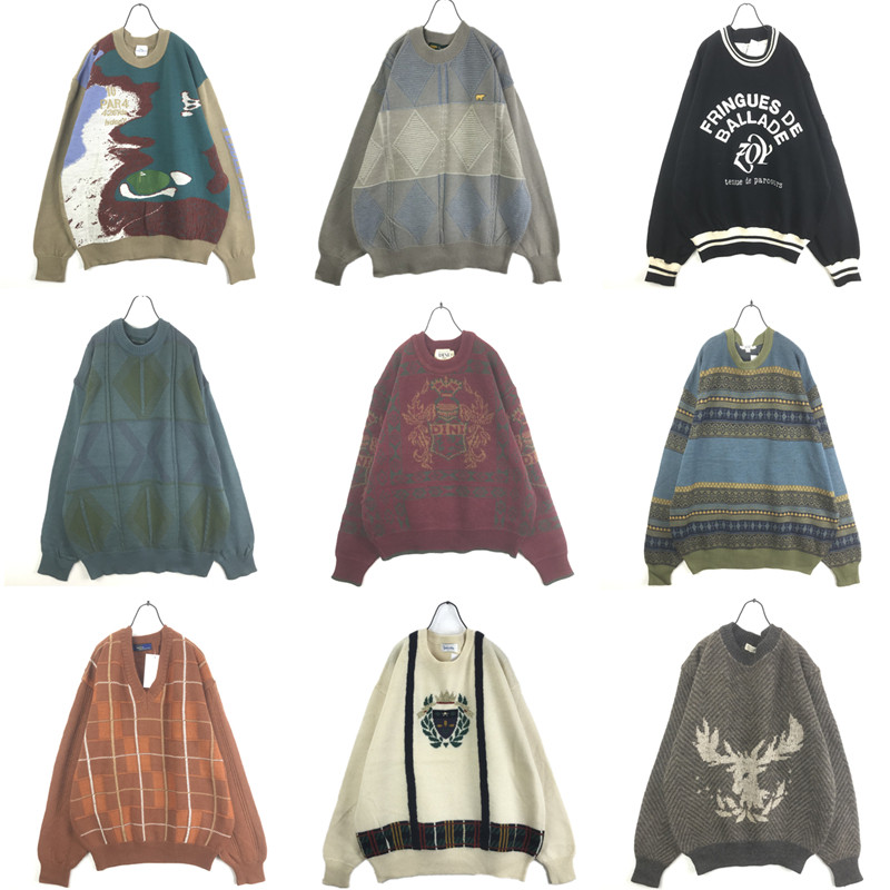 vintage古着孤品日系秋冬复古撞色森女学院风波普宽松套头毛衣Y92