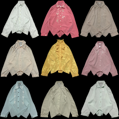 vintage古着复古港风纯色刺绣花纹暗纹小清新宽松百搭女衬衫F100