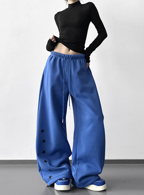 蓝色超火2025冬季新款加绒慵懒刺绣别致运动裤街头卫裤宽松休闲裤