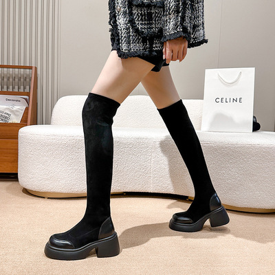 35-42大码粗腿大筒围胖MM加肥高跟弹力过膝长筒靴厚底显瘦高筒靴