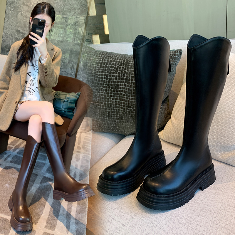 35-45大码加肥加宽胖脚厚底长筒靴V口弹力瘦瘦靴大筒围粗腿高筒靴