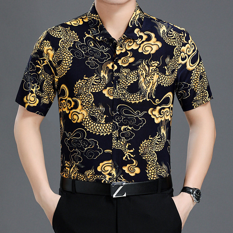 夏装桑蚕丝男士短袖花衬衫中国龙衬衫