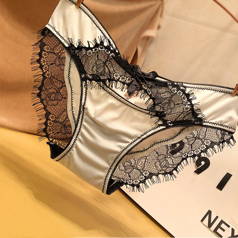 欧美睫毛蕾丝内裤女性感前部镂空冰丝绸缎无痕三角裤时尚轻奢底裤