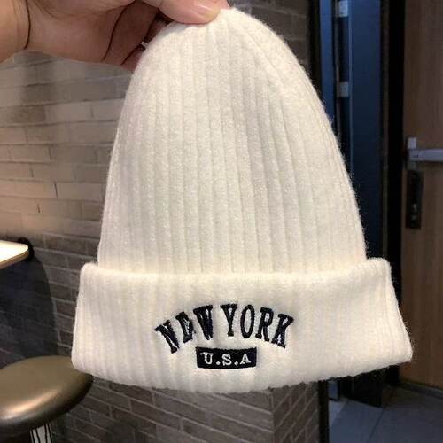 针织帽女秋冬百搭NEW YORK美式字母保暖冷帽青年学生街头毛线帽子