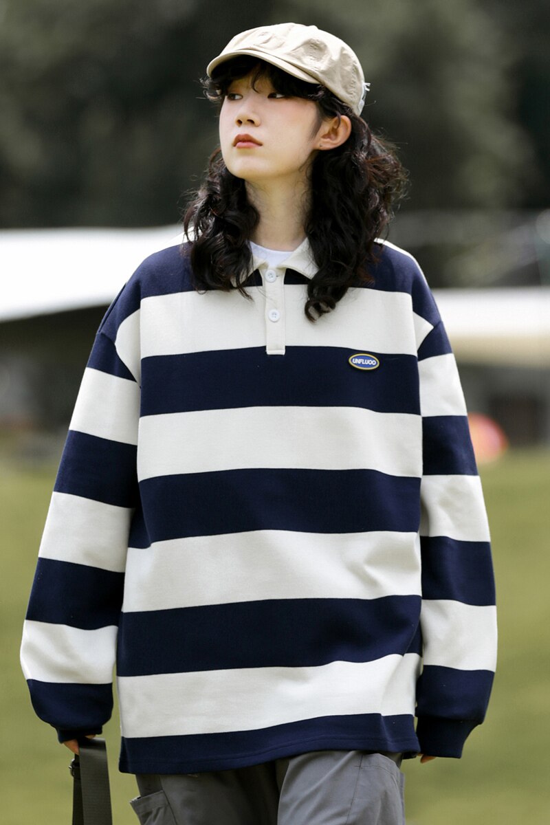 POLO衫男女宽松学院风2025春季新款复古宽松条纹上衣服W2381-P52,男装Polo衫,星座610（原A335）