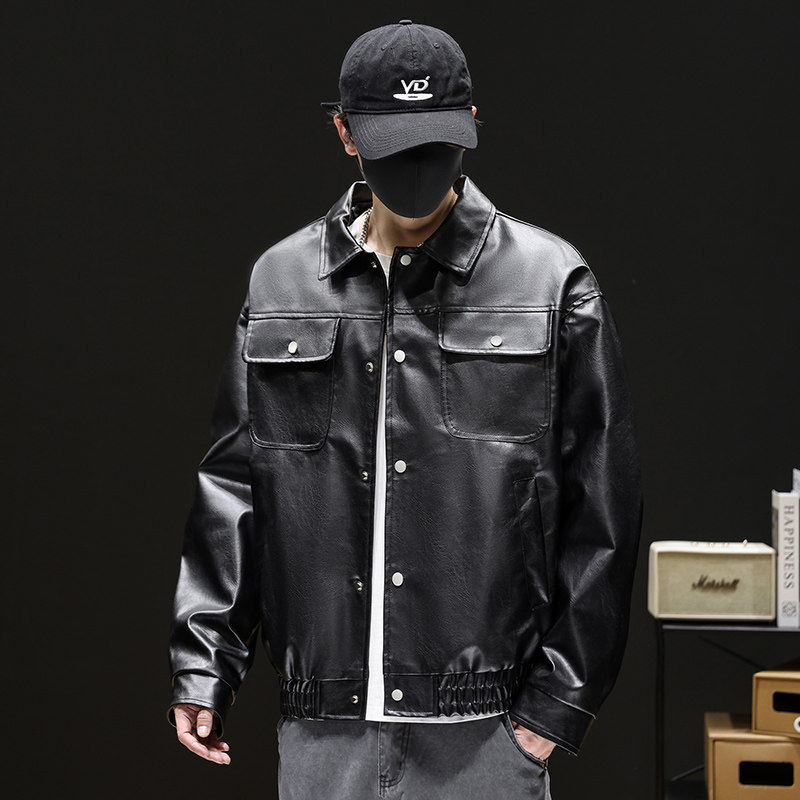 防水防污皮衣男款秋季高街痞帅外套复古宽松PU皮夹克Q5553-P75，男装夹克，星座610（原A335）
