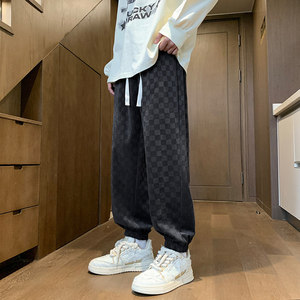 春季棋盘格束脚休闲裤男潮流潮牌学生运动抽绳卫裤Q2370-P40，男装休闲裤，星座610（原A335）