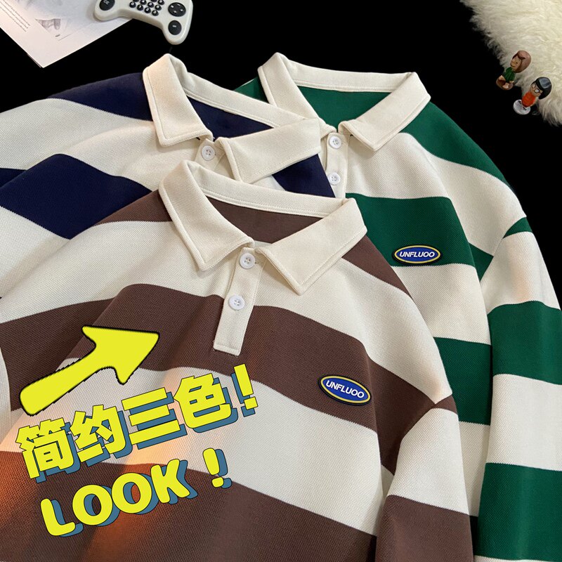 横条纹Polo领卫衣男美式潮牌休闲宽松绣花水洗重磅上衣W2381-P52,男装Polo衫,星座610（原A335）