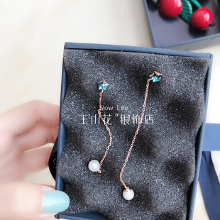 香港正生银饰纯银耳环长款吊坠网红坠珍珠耳钉女五星流苏耳饰耳线