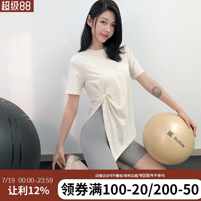 annerun宽松运动T恤女不规则设计感瑜伽短袖透气跑步健身服速干衣