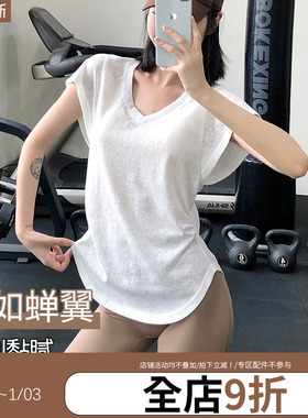 annerunV领宽松运动上衣女透气短袖T恤瑜伽服跑步速干衣健身罩衫