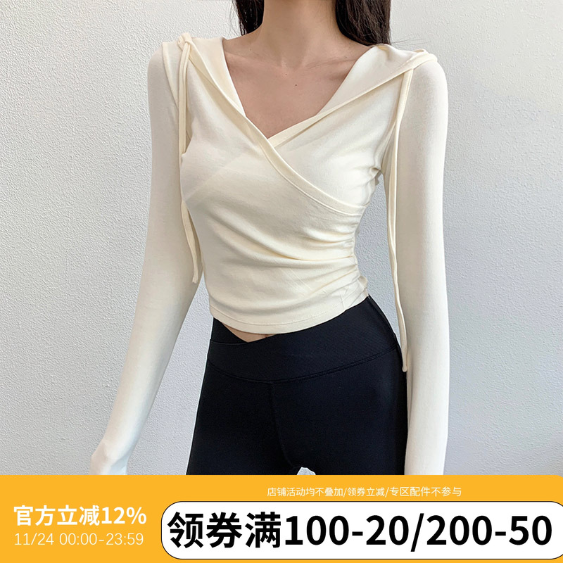 annerun速干运动T恤女连帽显瘦外穿健身服跑步交叉领休闲瑜伽长袖