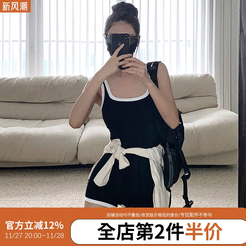 annerun撞色瑜伽服女高弹修身裸感带胸垫连体衣舞蹈运动健身服