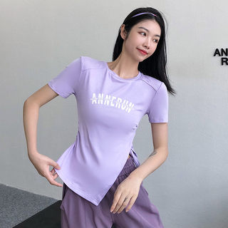 annerun不规则运动T恤女紧身短袖速干瑜伽服网红健身修身运动上衣