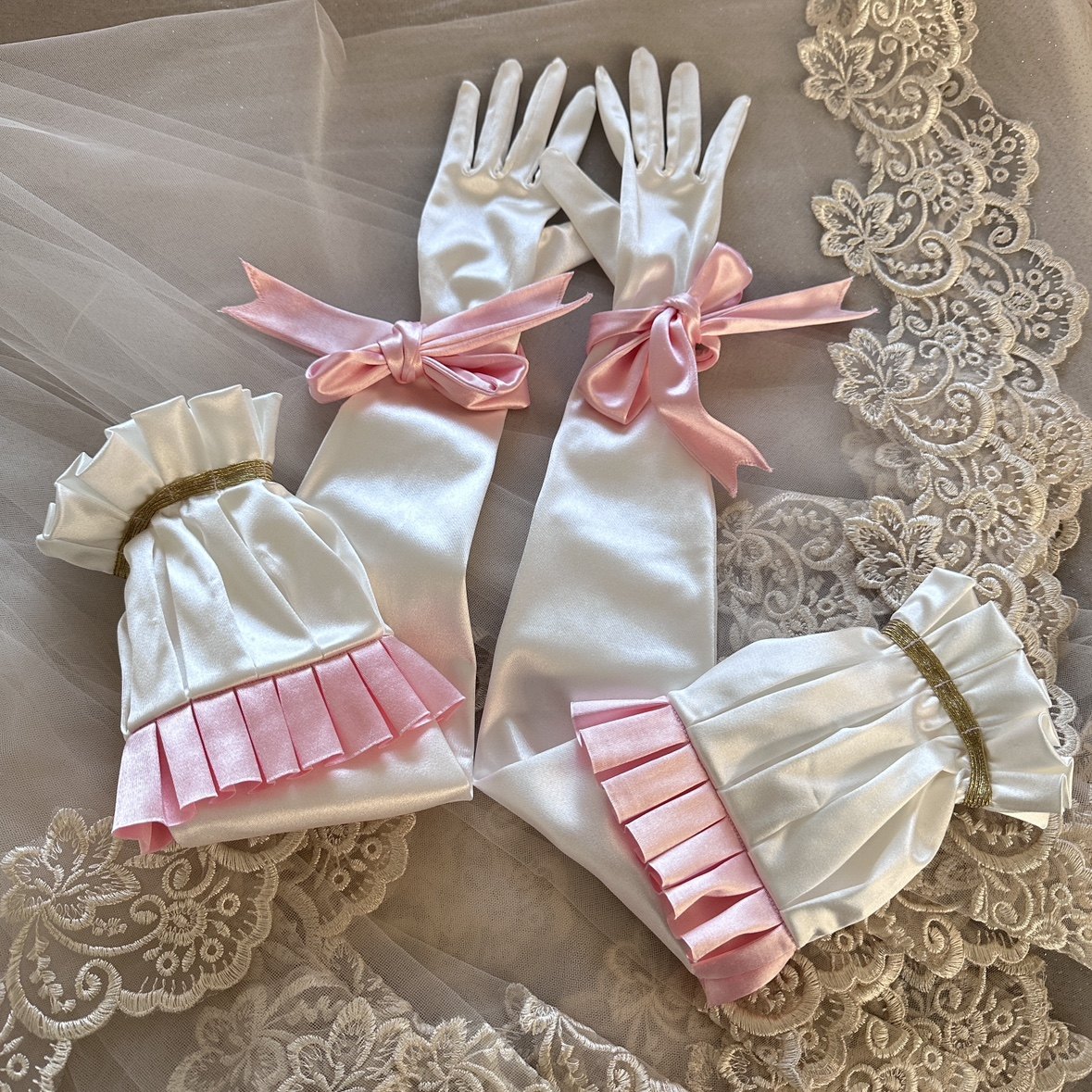 出口客户定制弹力缎面本白粉蝴蝶结洛丽塔新娘婚纱礼服长缎面手套