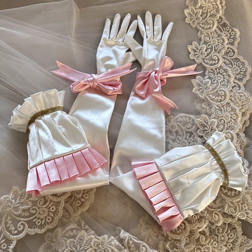 出口客户定制弹力缎面本白粉蝴蝶结洛丽塔新娘婚纱礼服长缎面手套