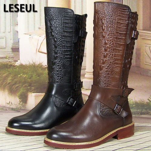 Leseul马靴深棕色潮流牛皮骑马靴