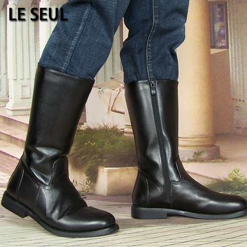 中筒真牛皮马靴仪仗队拉链皮靴