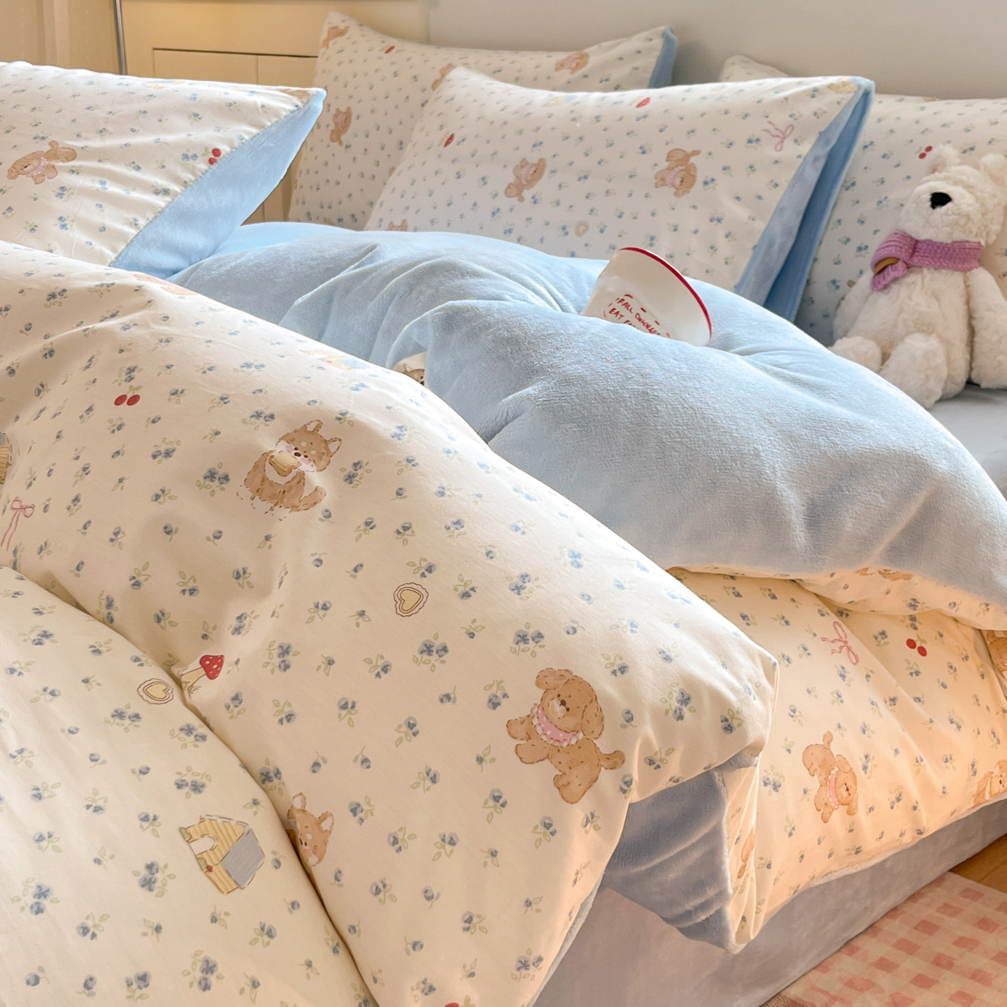 一面纯棉一面绒被套四件套