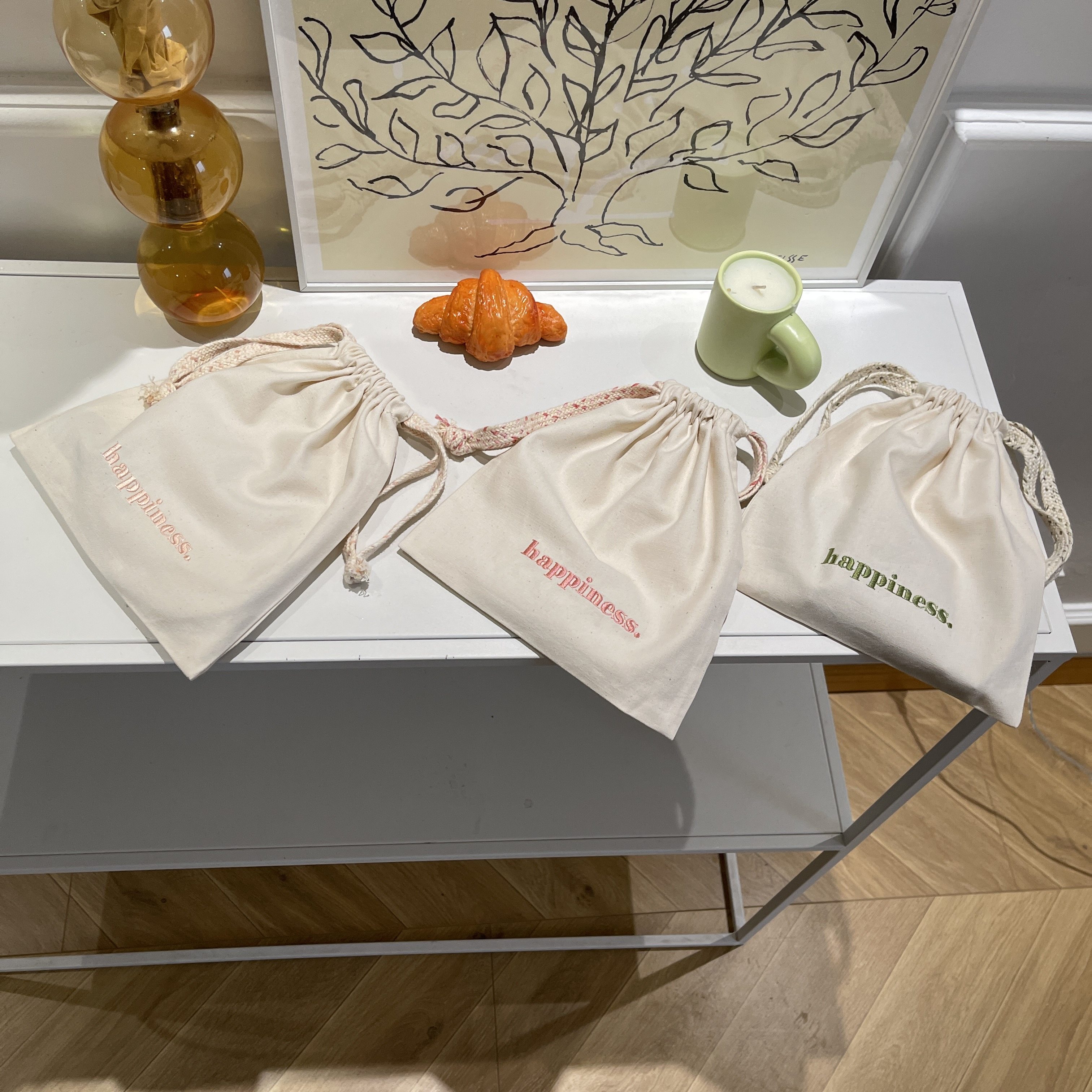 原创自制 刺绣happiness抽绳袋 束口包 收纳手腕包棉麻小众日系