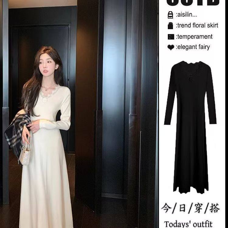 法式蕾丝V领德绒连衣裙子女秋冬毛针织衫