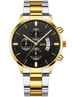 批发跨境爆款日历钢带石英表男商务男士手表三眼大表盘watch男表