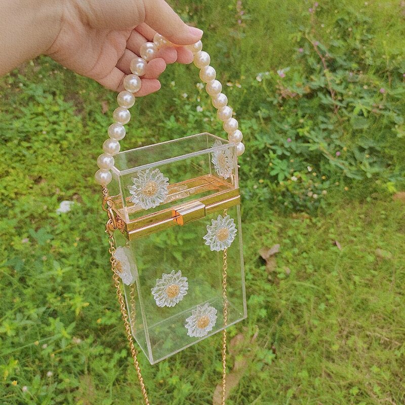 新款流行包包小雏菊花朵透明盒子包仙女手提珍珠包斜挎百搭链条包