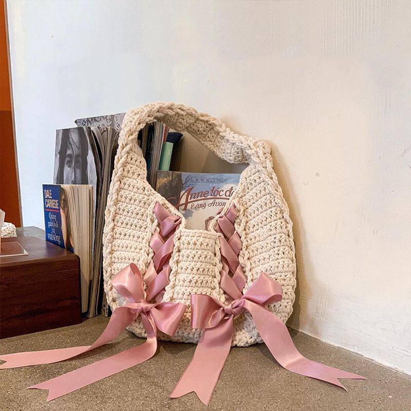 여자 친구를위한 수제 DIY 발레 스타일 보우 가방 소재 가방 INS 양모 뜨개질 수제 크로 셰 뜨개질 선물 숄더 백