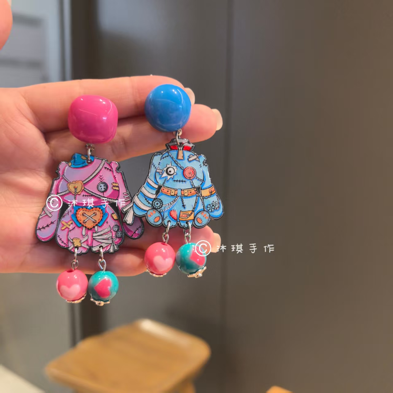 沐琪手作原创设计多巴胺可爱暗黑系列兔子不规则个性耳环无洞耳夹