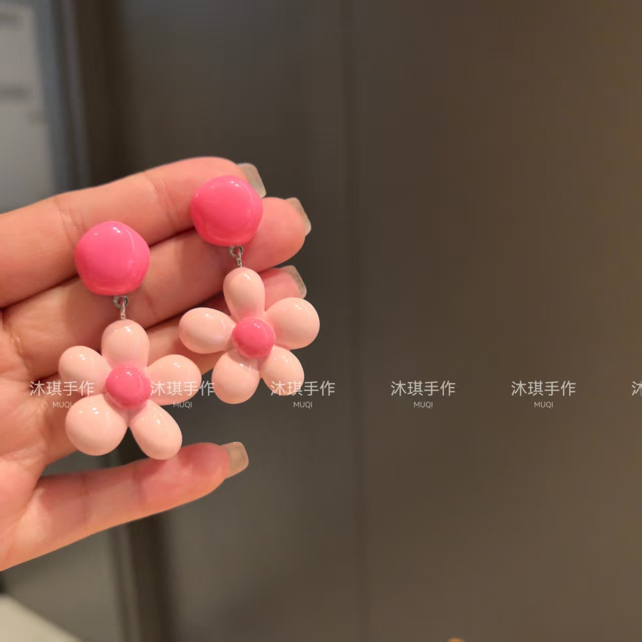 (满9.9包邮)日韩小清新浪漫桃花粉花朵女甜美气质耳环小众耳夹