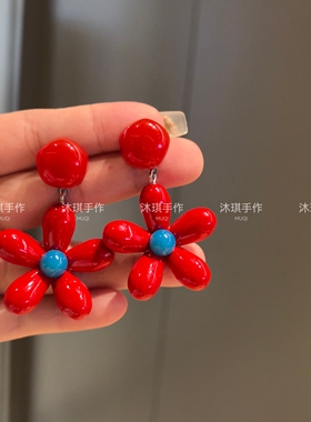 沐琪原创手作 韩系复古红色耳环2025新款小众设计感甜美耳饰耳夹