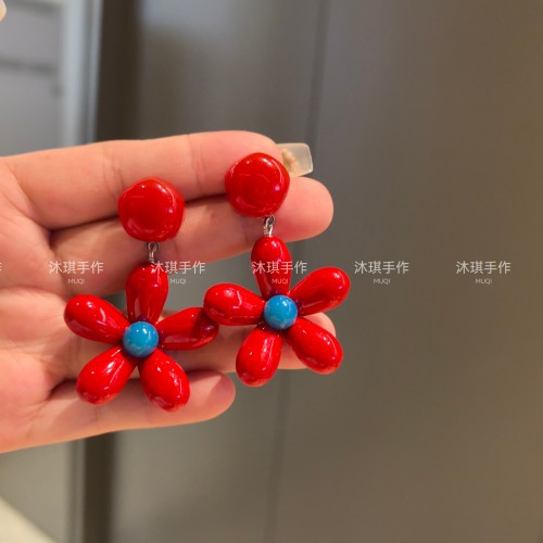 沐琪原创手作 韩系复古红色耳环2025新款小众设计感甜美耳饰耳夹